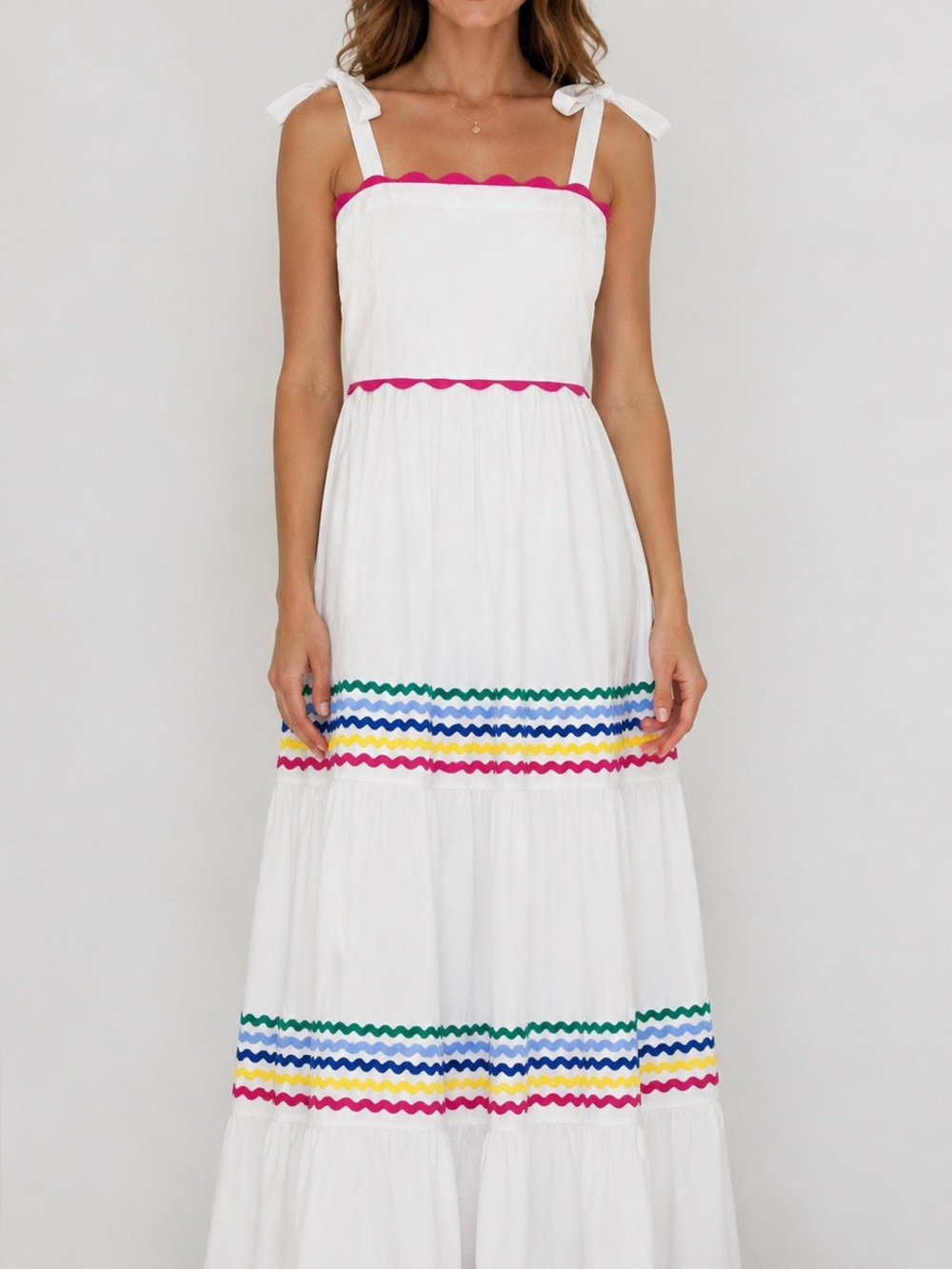Crown & Ivy White Cotton Maxi Dress  
Colorful Wave Trim • Size S